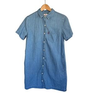 Levi's Women's Chambray Denim Shirt Dress Blue Button Front Short Sleeve Size S